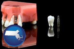 massachusetts map icon and a titanium dental implant and wisdom tooth