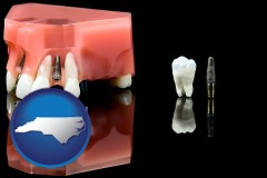 north-carolina map icon and a titanium dental implant and wisdom tooth