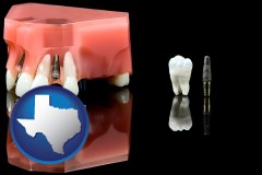 texas map icon and a titanium dental implant and wisdom tooth